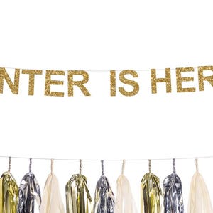 May include: Gold glitter banner with the text "Winter is here" hanging from a string. Below the banner is a string of gold, silver, and cream tassels.