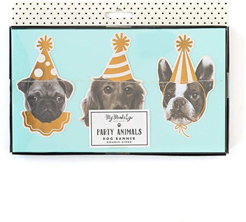 May include: A party banner featuring three dogs wearing party hats. The banner is double-sided and says "Party Animals Dog Banner Double-Sided" on the bottom.