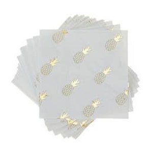 May include: A stack of white paper napkins with a gold pineapple pattern.