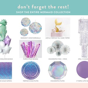 May include: A collection of mermaid-themed party supplies, including iridescent honeycomb balls, purple straws, holographic fans, a 3-inch opal chandelier, mermaid scale napkins and plates, holographic plates, a 3-inch purple latex balloon, and a seahorse balloon bundle.