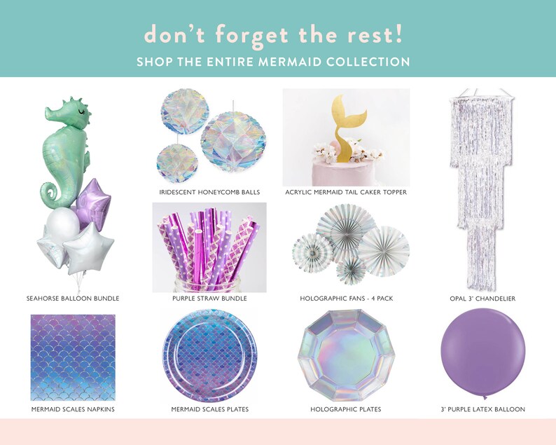 May include: A collection of mermaid-themed party supplies, including iridescent honeycomb balls, purple straws, holographic fans, a 3-inch opal chandelier, mermaid scale napkins and plates, holographic plates, a 3-inch purple latex balloon, and a seahorse balloon bundle.