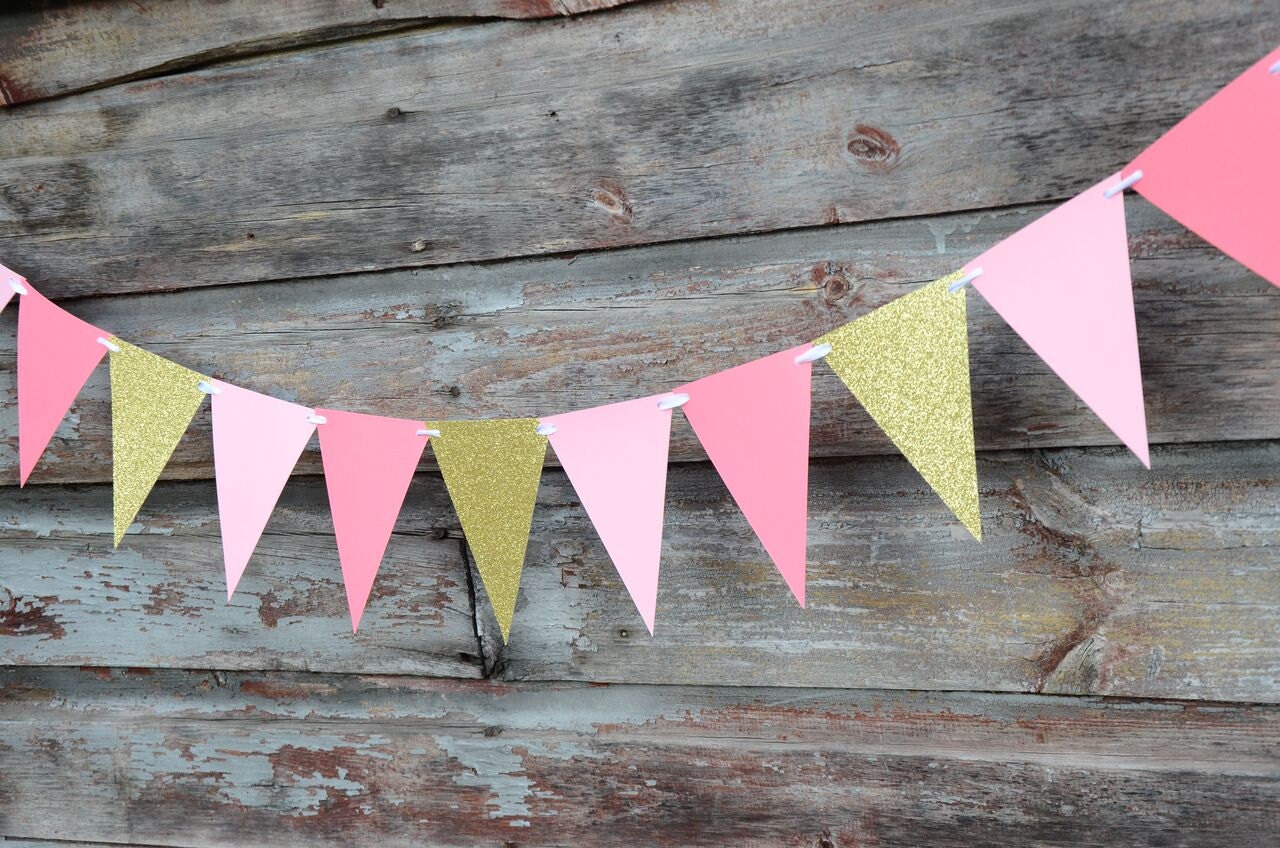 Pink and Gold Glitter Garland - Flag Banner - Bridal Shower - Birthday ...