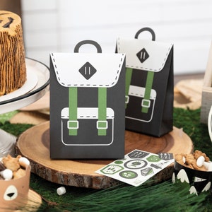 Adventure Backpack Treat Bags - Set of 8 with Stickers - Camp Theme - Great Outdoors - Wild One - Explorer - Happy Camper - Party Loot Bag