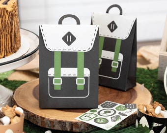 Adventure Backpack Treat Bags - Set of 8 with Stickers - Camp Theme - Great Outdoors - Wild One - Explorer - Happy Camper - Party Loot Bag