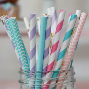 Blue, Pink, Purple and Gold Party Straws - Paper Party Straws - Cake Pop Sticks - Unicorn Theme - Girl&#39;s Birthday - Gold Party Decor