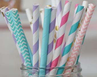 Blue, Pink, Purple and Gold Party Straws - Paper Party Straws - Cake Pop Sticks - Unicorn Theme - Girl's Birthday - Gold Party Decor