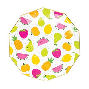 May include: White paper party plates with a gold rim and a colourful fruit pattern. The pattern includes pineapples, lemons, watermelon, pears, and strawberries.
