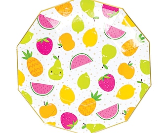 Fruity & Gold Foil Plates - 7" Wide - Set of 8 - Birthday Party Decor - Twotti Frutti Decor - Two Sweet Theme - Fruity Themed Birthday