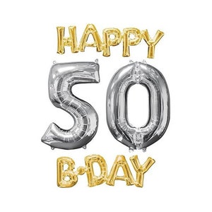 HAPPY 50 BDAY Balloon - Birthday Party Decor - 50th Birthday Balloon - Balloon Phrase - Bday Decorations - 50 & Fabulous - Gold and Silver
