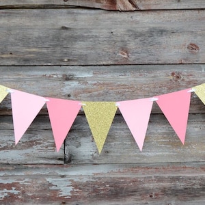 Pink and Gold Glitter Garland - Flag Banner - Bridal Shower - Birthday Party Decor - Bachelorette Party - Party Supplies - Event Decor