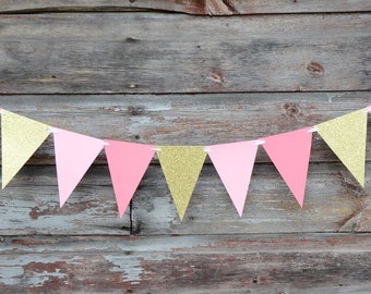 Pink and Gold Glitter Garland - Flag Banner - Bridal Shower - Birthday Party Decor - Bachelorette Party - Party Supplies - Event Decor