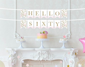 Hello Sixty Banner - 60th Birthday Banner - Pink and Gold Birthday Decor - 60th Birthday Decor - 60th Birthday Photo Booth Prop - 60th Bday