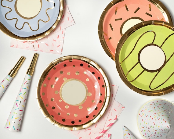 Donut Foil Paper Plates - 7" wide - Set of 12 - Donut Grow Up Theme Party - Doughnut Paper Plates - Sweet Table Decor - Birthday Tableware