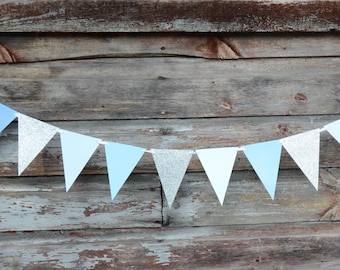 Blue and Silver Party Garland - Blue Bunting - Boy's Birthday Decor - Baby Shower Decor - Boy's Christening Decor - Blue and Silver Party