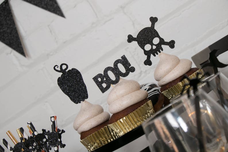 BOO! Cupcake-dekorationer - Set om 12 - Halloween-cupcake-dekorationer - Halloween-festdekorationer - Glittertoppare - Halloween-födelsedagsfestdekorationer bild 3
