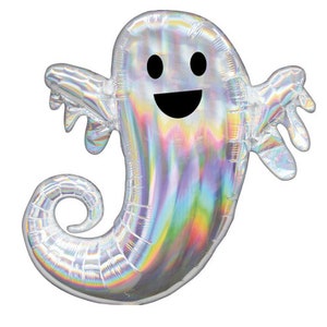 May include: A silver iridescent foil balloon shaped like a ghost with a black smiling face.
