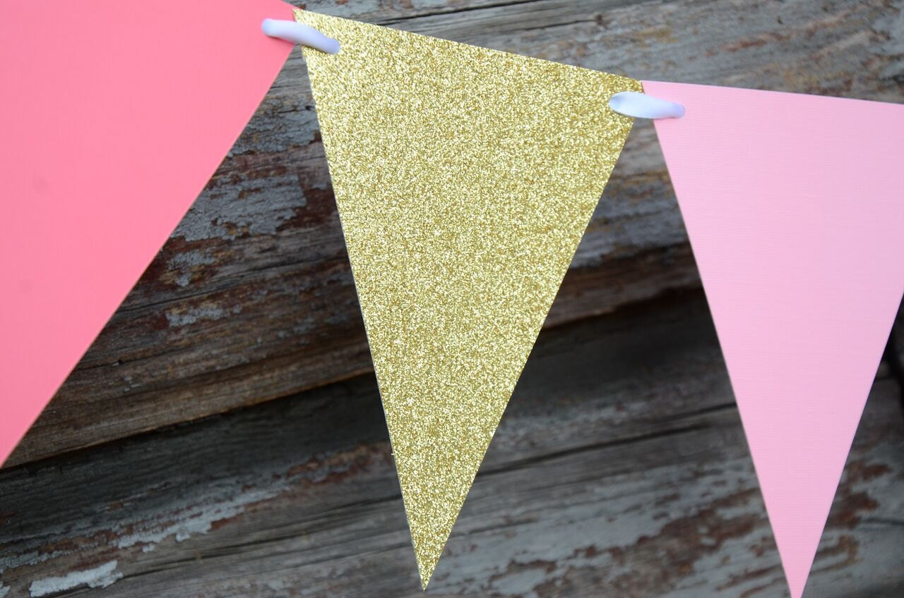 Pink and Gold Glitter Garland - Flag Banner - Bridal Shower - Birthday ...