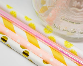 Pink & Lemon Print Paper Party Straws - Main Squeeze Theme - Lemonade Stand Straws - Summer Straws - Bridal Shower - Tutti Frutti Theme
