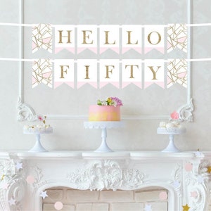 Hello Fifty Banner - 50th Birthday Banner - Pink and Gold Birthday Decor - 50th Birthday Decor - 50th Birthday Photo Booth Prop - 50th Bday