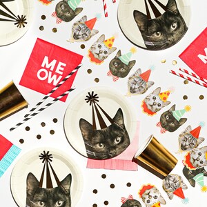 May include: A set of party supplies featuring black cats wearing party hats. The set includes paper plates, napkins, straws, and confetti. The napkins are red with the word "MEOW" printed on them.