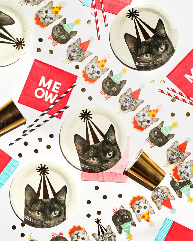 May include: A set of party supplies featuring black cats wearing party hats. The set includes paper plates, napkins, straws, and confetti. The napkins are red with the word "MEOW" printed on them.