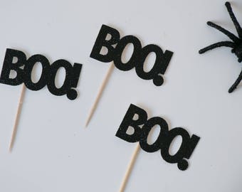 BOO! Cupcake Toppers - Set of 12 - Halloween Cupcake Toppers - Halloween Party Decor - Glitter Toppers - Halloween Birthday Party Decor