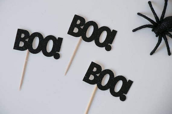 BOO! Cupcake Toppers - Set of 12 - Halloween Cupcake Toppers - Halloween Party Decor - Glitter Toppers - Halloween Birthday Party Decor