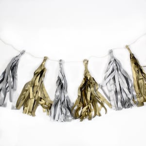 Metallics Tassel Garland - Set of 12 - Pre-made, Pre-Strung Tassel Garland - Silver and Gold Tissue Tassels - Wedding Decor - New Year&#39;s Eve