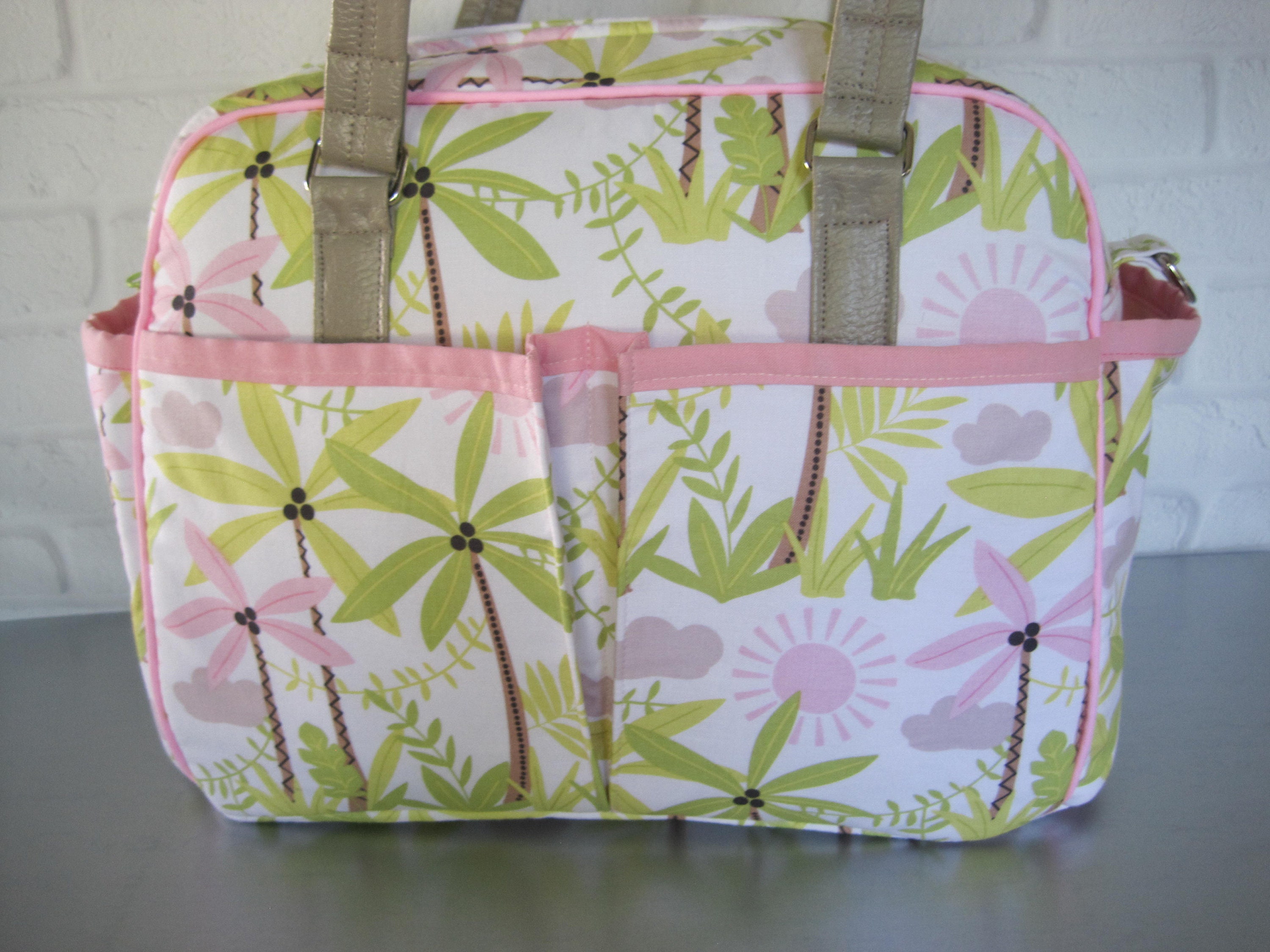 Tropical Print Diaper Bag, Faux Leather Handles, Waterproof Lining