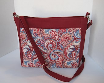 Handbag, Red Paisley Fabric, Purse, Cross body, Handmade Bag, Large, Women’s Accessories