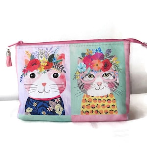 Pouch, Handbag, Clutch Purse, Cats With Floral Hats, Pink and Green, Paladin Pattern, 3 Compartments, Zip Closure, Handmade