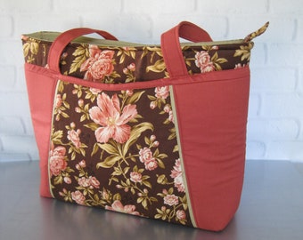 Peach Floral Shoulder Bag, Burnt Orange Accents, Large Cotton Tote