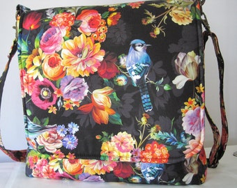 Handbag, Colorful Floral Print, Messenger Bag, Large Purse, Crossbody, Fabric, Handmade, Large Bag, Birds and Flowers, Woman's Accessories