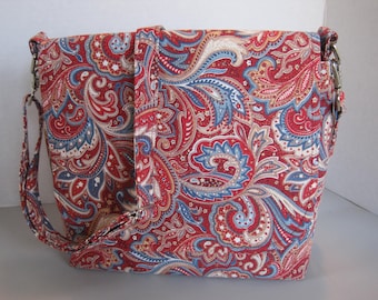 Crossbody, Handbag, Messenger Bag, Women's Accessories, Fabric, Handmade, Red Paisley cotton print