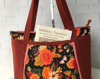 Handbag,, Shoulder Bag, Autumn colored leaves,, Burnt Orange Accent, large bag, manyf pockets