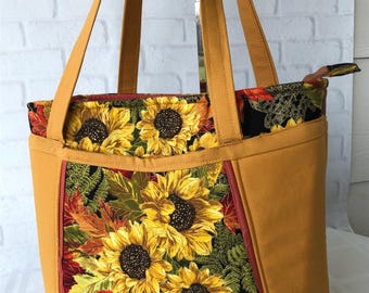 Handbag,, Shoulder Bag, Autumn Colors, Bright Sunflower fabric, Burnt Orange Accent, large bag, cotton print, woman's gift, lots of pockets