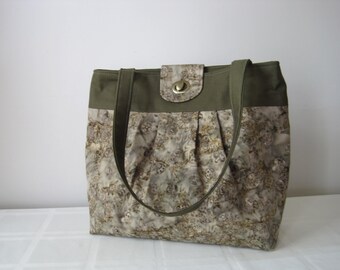 Handbag, Purse, Women's Accessories, Pleated Style, Handmade, Olive Green Batik Fabric, Medium Size