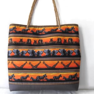 Tote, Serengeti print, Orange and Charcoal, wild animals. Beach Bag, Shopping Bag, Hemp Rope Handles, PUL lining, Water Resistant