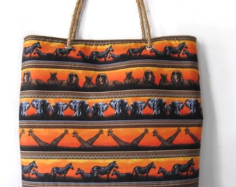 Tote, Serengeti print, Orange and Charcoal, wild animals. Beach Bag, Shopping Bag, Hemp Rope Handles, PUL lining, Water Resistant