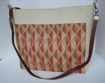 Handbag Purse Fabric Handmade Women's Accessories, Crossbody, Orange Leaf Print, Divider