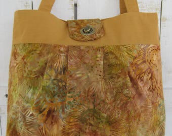 Handbag, Fabric, Purse, Batik Sunflower print,  gold/bronze multi color, pleated, twist lock,  handmade, fashion accessory,