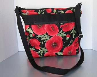 Bags & Purses, Cross body, red poppies, fabric, shoulder bag, many pockets, handbag, purse, cotton print, woman's gift, adjustable strap