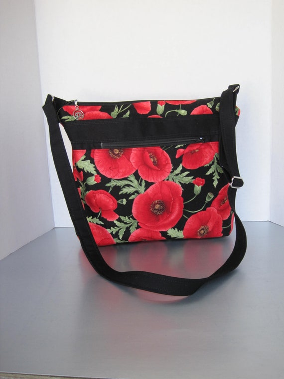 Bags Purses Cross Body Red Poppies Fabric Shoulder Bag Many Pockets Handbag Purse Cotton Print Woman s Gift Adjustable Strap Etsy