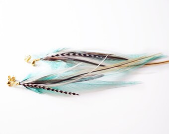 Long feather earrings turquoise with grizzly accent