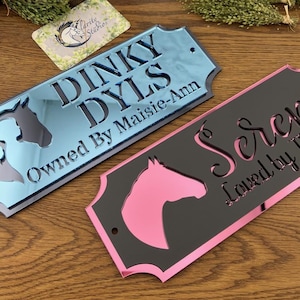 Może przedstawiać: Dwie tabliczki z motywem koni. Jedna jest jasnoniebieska z napisem "Dinky Dyls" i "Owned By Maisie-Ann". Druga jest czarna z r&oacute;żowym obramowaniem, napisem "Seren" i "Loved by Molly". Wizyt&oacute;wka znajduje się w tle.