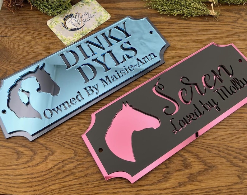 Może przedstawiać: Dwie tabliczki z motywem koni. Jedna jest jasnoniebieska z napisem "Dinky Dyls" i "Owned By Maisie-Ann". Druga jest czarna z r&oacute;żowym obramowaniem, napisem "Seren" i "Loved by Molly". Wizyt&oacute;wka znajduje się w tle.
