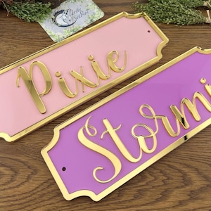 May include: Two rectangular nameplates with gold trim and lettering. One is pink with the name "Pixie" in gold script, and the other is purple with "Stormi" in gold script. The nameplates are on a wooden surface.