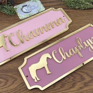 May include: Two pink nameplates with gold trim and lettering. One reads "Chamma" and the other "Chaplynn." Each features a gold horse silhouette. The nameplates are on a wooden surface.