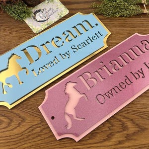 May include: Two decorative horse-themed signs. One is light blue with gold trim and a gold horse silhouette, the other is pink with a pink horse silhouette. The signs have text that reads "Dream. Loved by Scarlett" and "Brianna. Owned by Izzy."