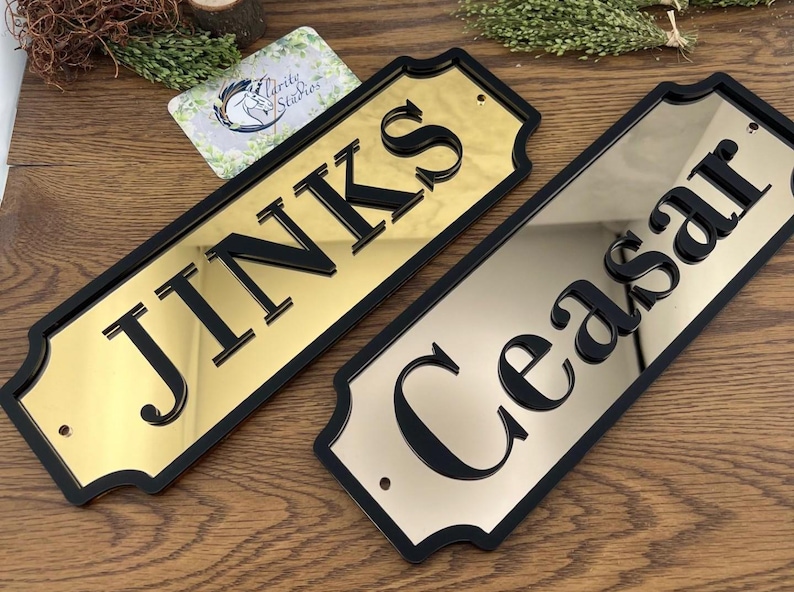 May include: Two rectangular signs with black borders and gold and silver mirrored surfaces. The word "JINKS" is displayed on the gold sign, and "Ceasar" is on the silver sign. The signs are on a wooden surface.